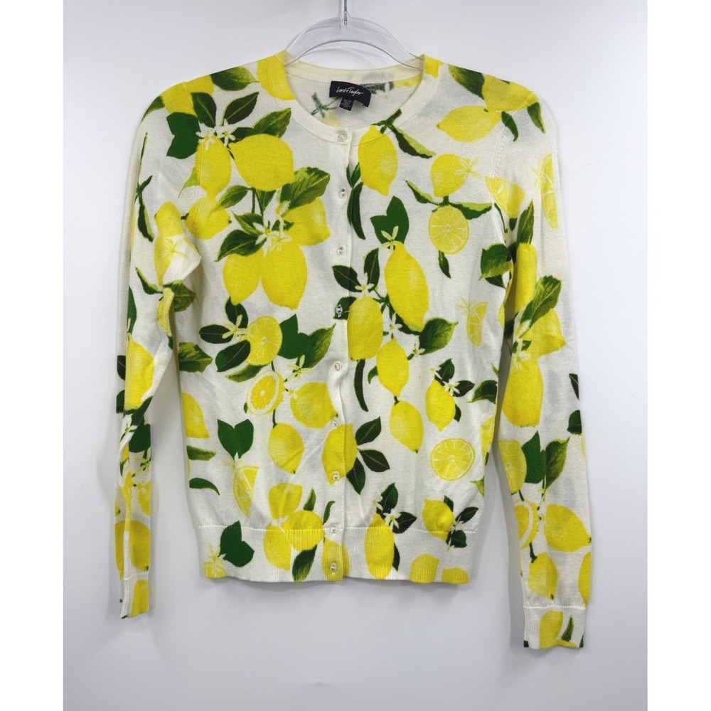 Lord Taylor Lemon Print Cardigan Sweater Womens XS TP Cream Yellow Green